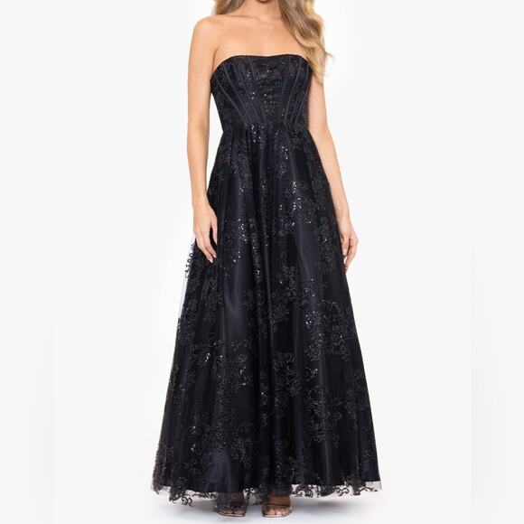 Blondie Nites “Tori” Strapless Glitter Mesh Corset Gown Black Junior’s Sz 13 - Picture 1 of 11